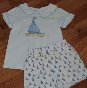 Stitchy Fish Size 5 Kids Light Blue Sailboat Beach Lounge Pajama Set Vintage
